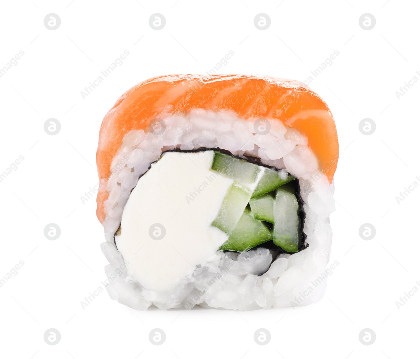 Photo of Tasty sushi roll with salmon isolated on white