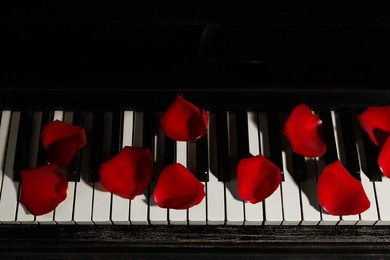 Photo of Many red rose petals on piano keys, above view