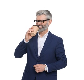 Photo of Mature businessman in stylish clothes with cup of drink on white background