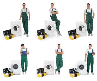 Image of Collage with photos of repairman with toolbox near washing machine on white background