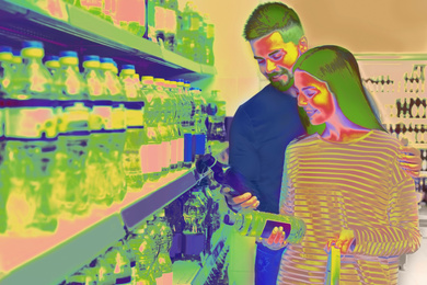 Young couple in supermarket, view through thermal camera. Temperature detection - Covid spreading prevention measure 
