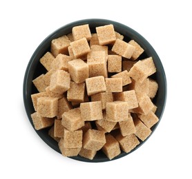 Photo of Bowl with cubes of brown sugar isolated on white, top view