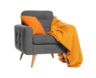 Photo of One grey armchair with pillow and blanket isolated on white