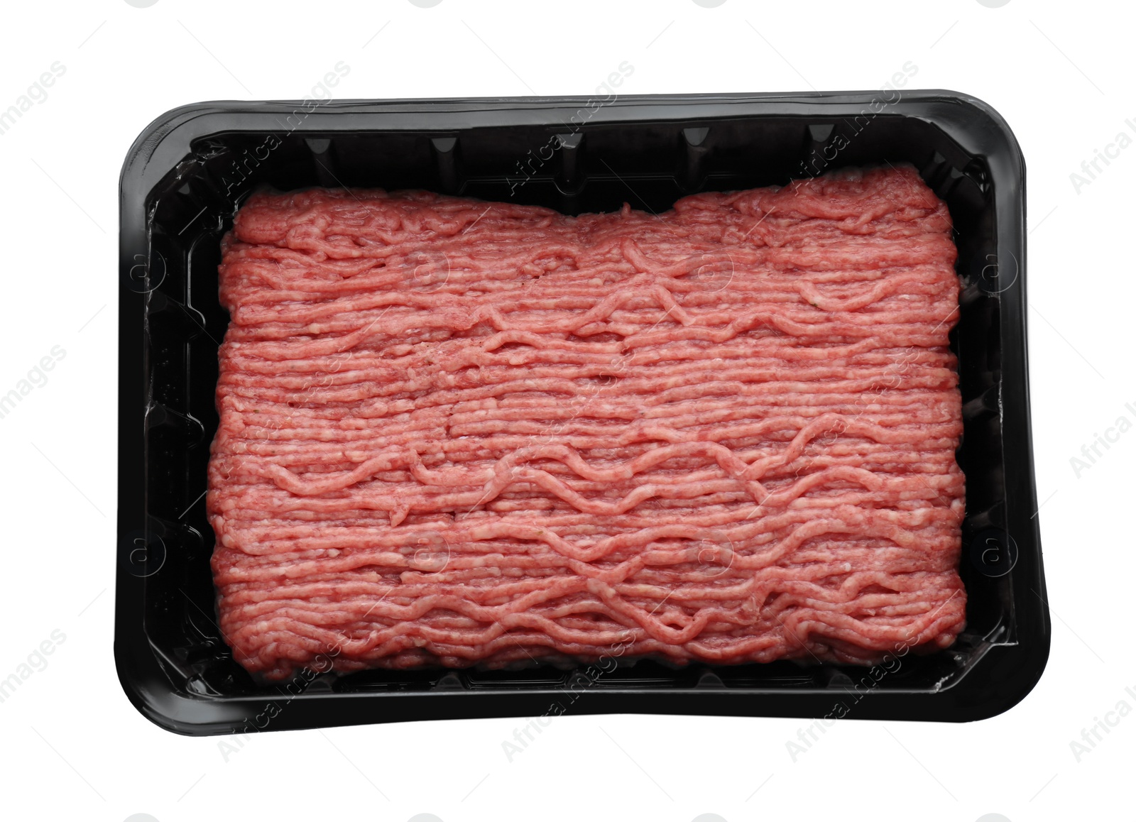 Photo of Plastic container with raw fresh minced meat isolated on white, top view