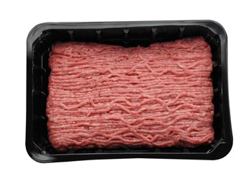 Plastic container with raw fresh minced meat isolated on white, top view