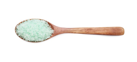 Photo of Wooden spoon with turquoise sea salt isolated on white, top view