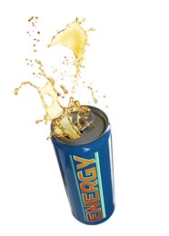 Image of Can of energy drink with splashes on white background