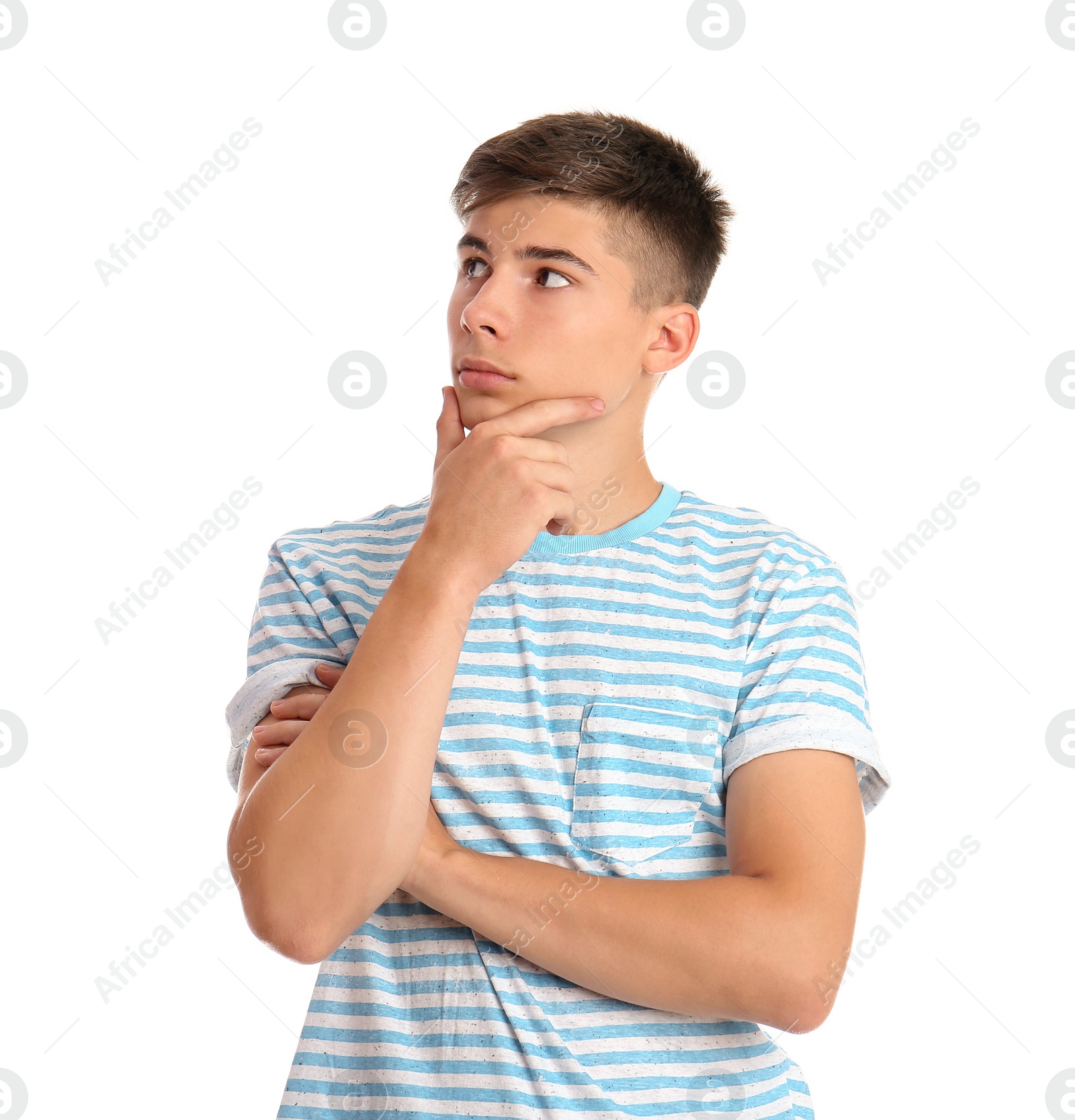 Photo of Teenage boy in casual clothes on white background