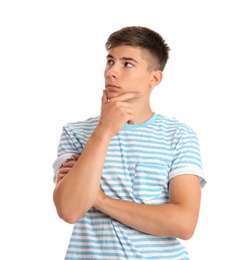 Teenage boy in casual clothes on white background