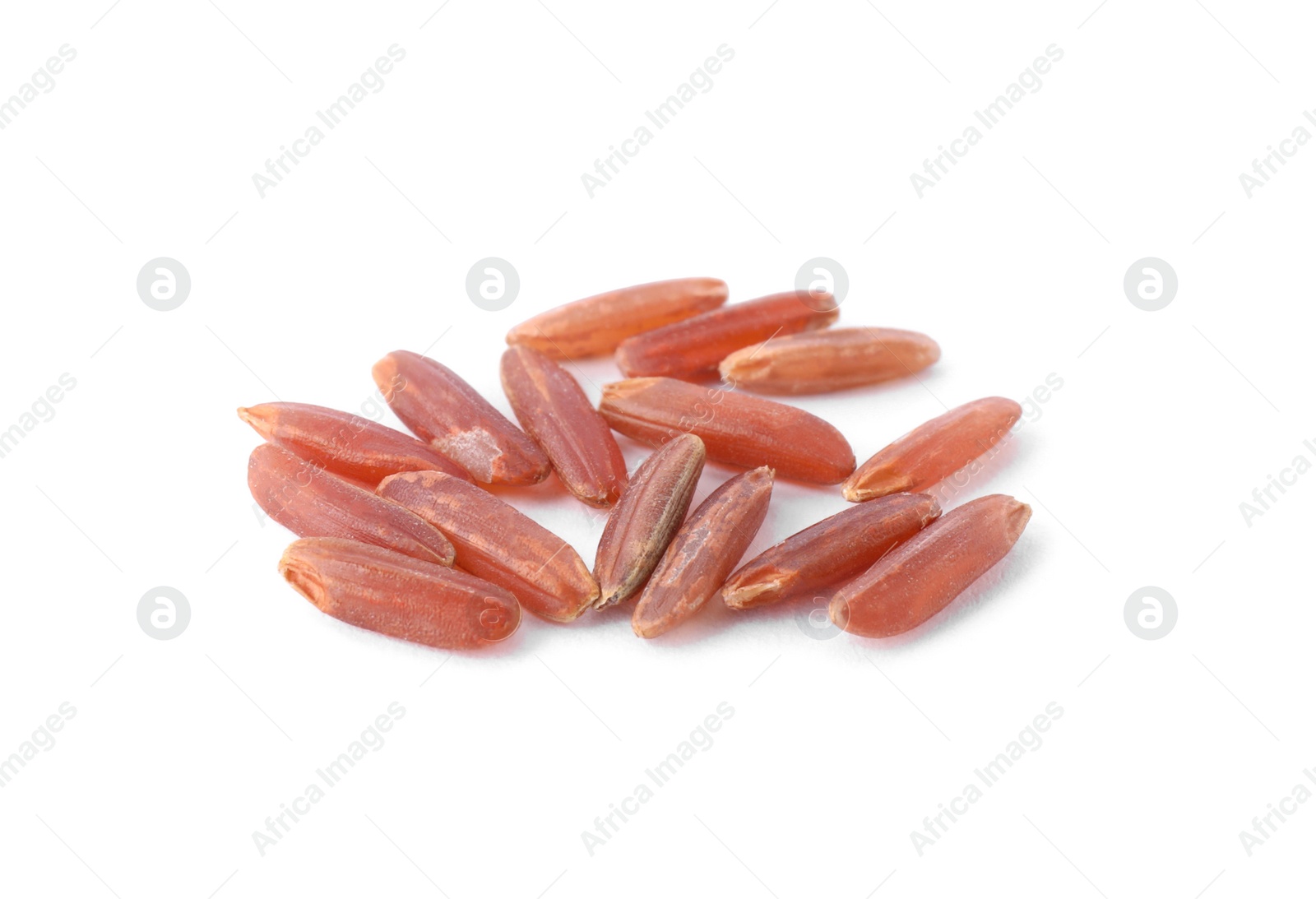 Photo of Uncooked organic brown rice isolated on white