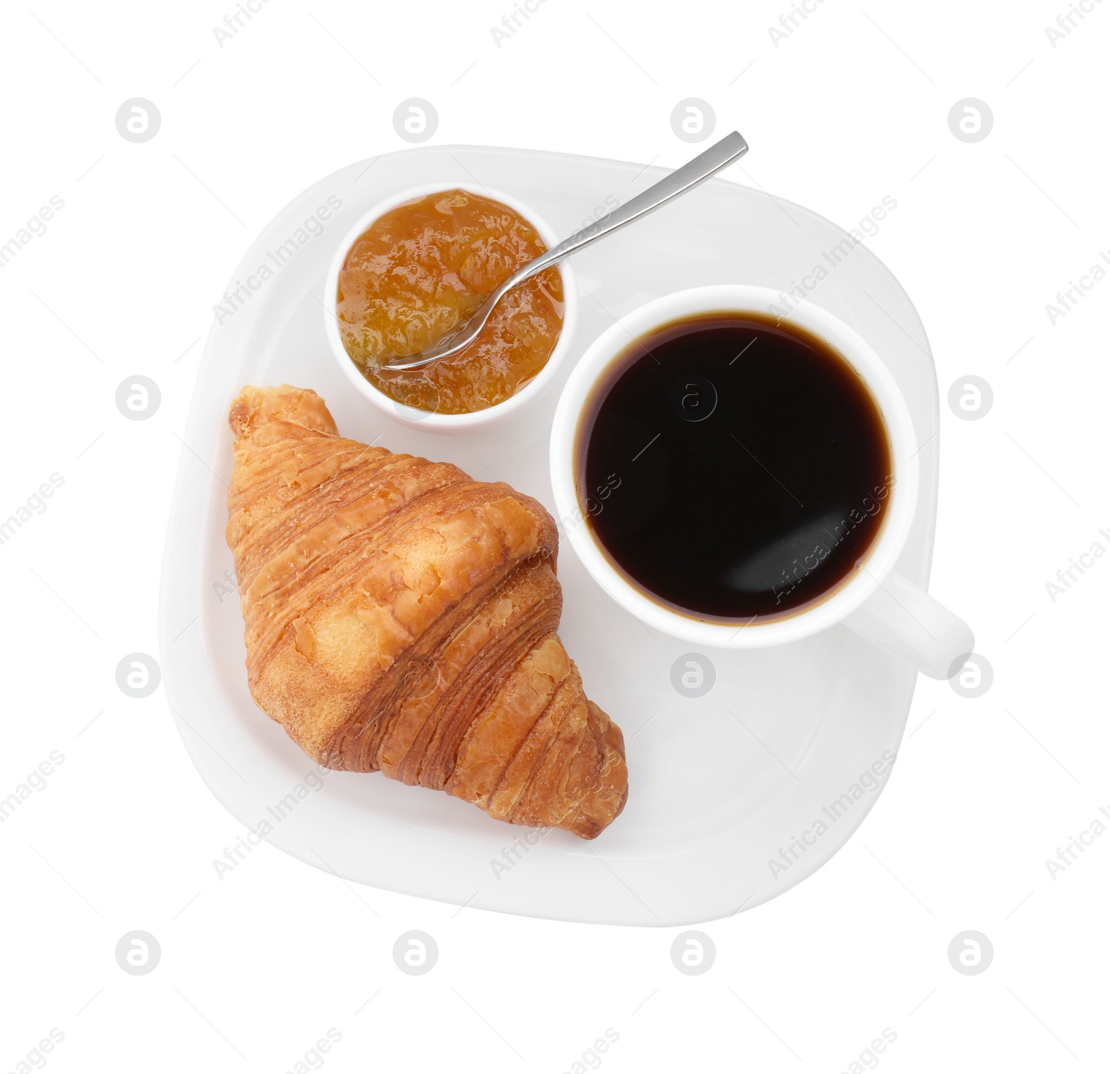 Photo of Tasty breakfast. Cup of coffee, jam and croissant isolated on white, top view