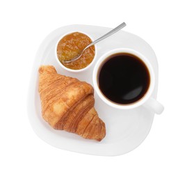 Tasty breakfast. Cup of coffee, jam and croissant isolated on white, top view