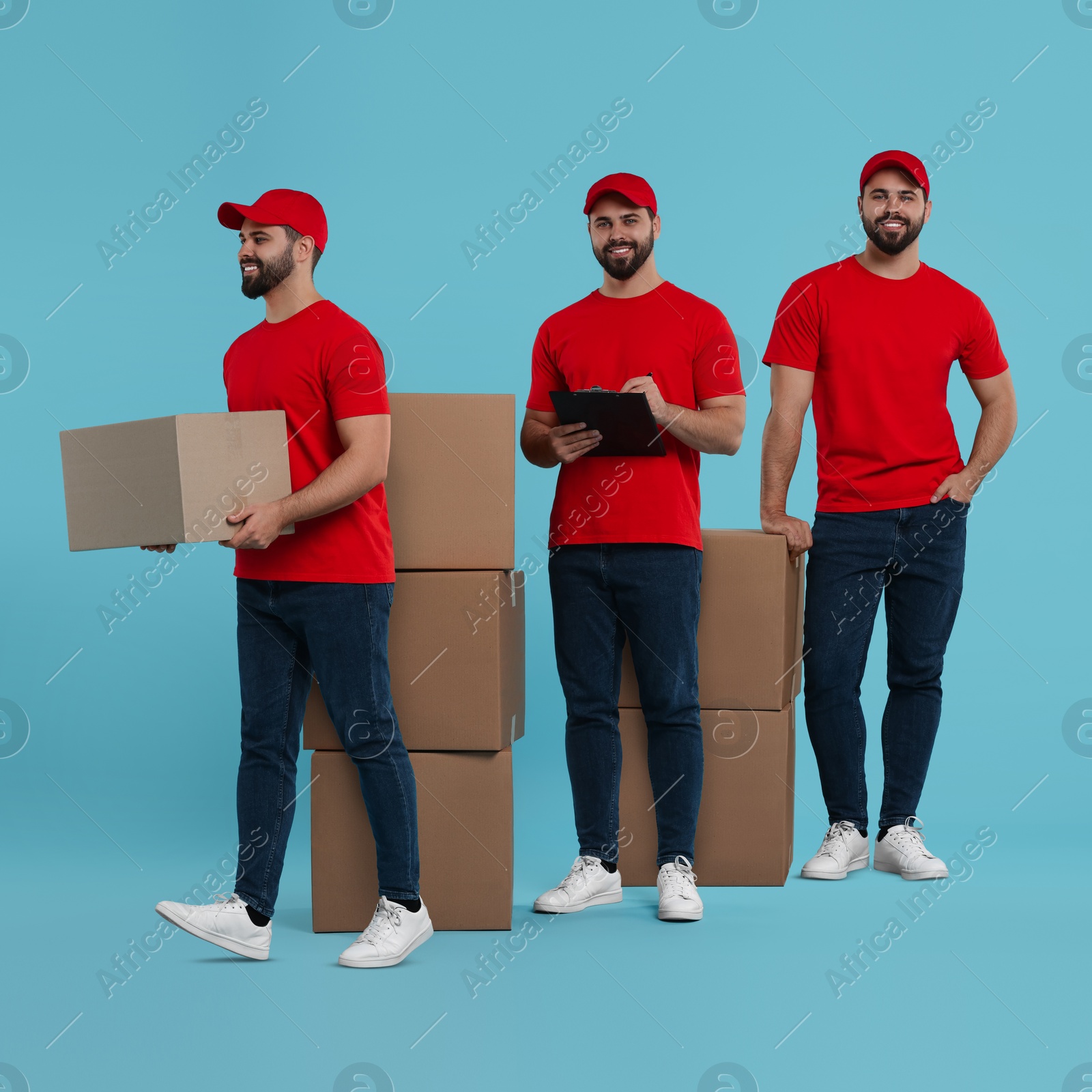 Image of Delivery service. Happy courier with cardboard boxes on light blue background, collage of photos