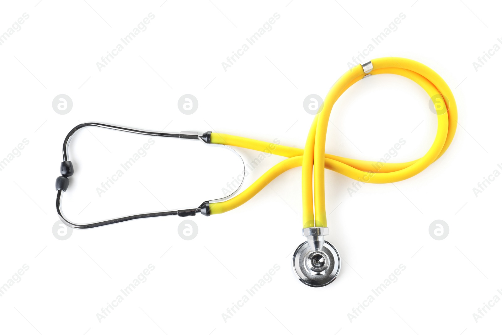 Photo of Stethoscope on white background, top view. Medical device