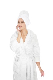 Photo of Portrait of young pretty woman in bathrobe with towel on white background