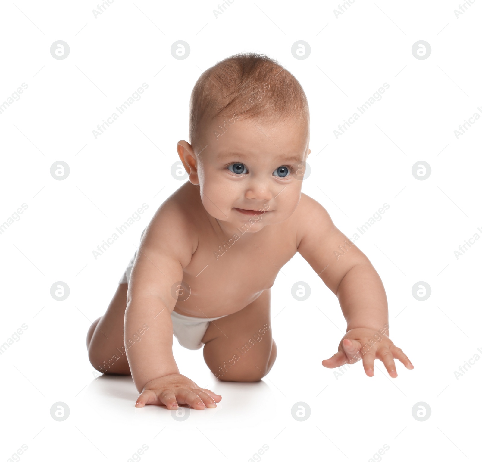 Photo of Cute little baby in diaper crawling on white background