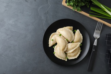 Flat lay composition with tasty dumplings served on grey table. Space for text