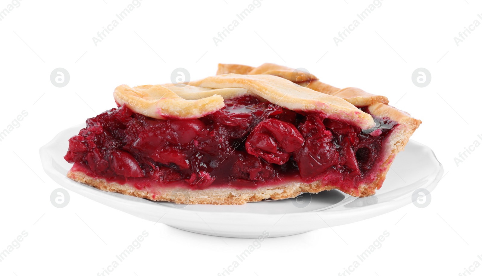 Photo of Slice of delicious fresh cherry pie isolated on white