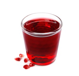 Photo of Fresh pomegranate juice in glass and seeds on white background
