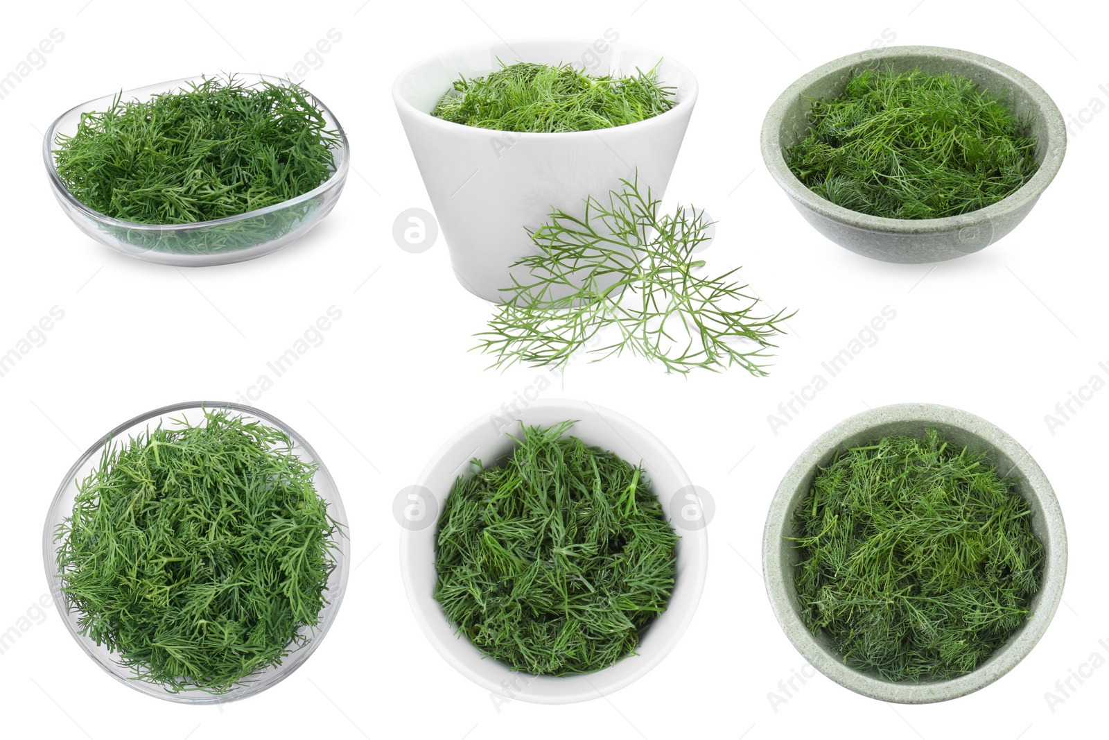 Image of Collage of bowls with fresh dill isolated on white, top and side views