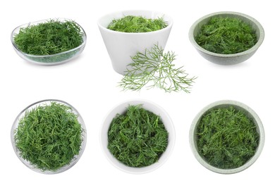 Image of Collage of bowls with fresh dill isolated on white, top and side views