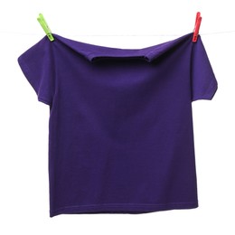 One purple t-shirt drying on washing line isolated on white