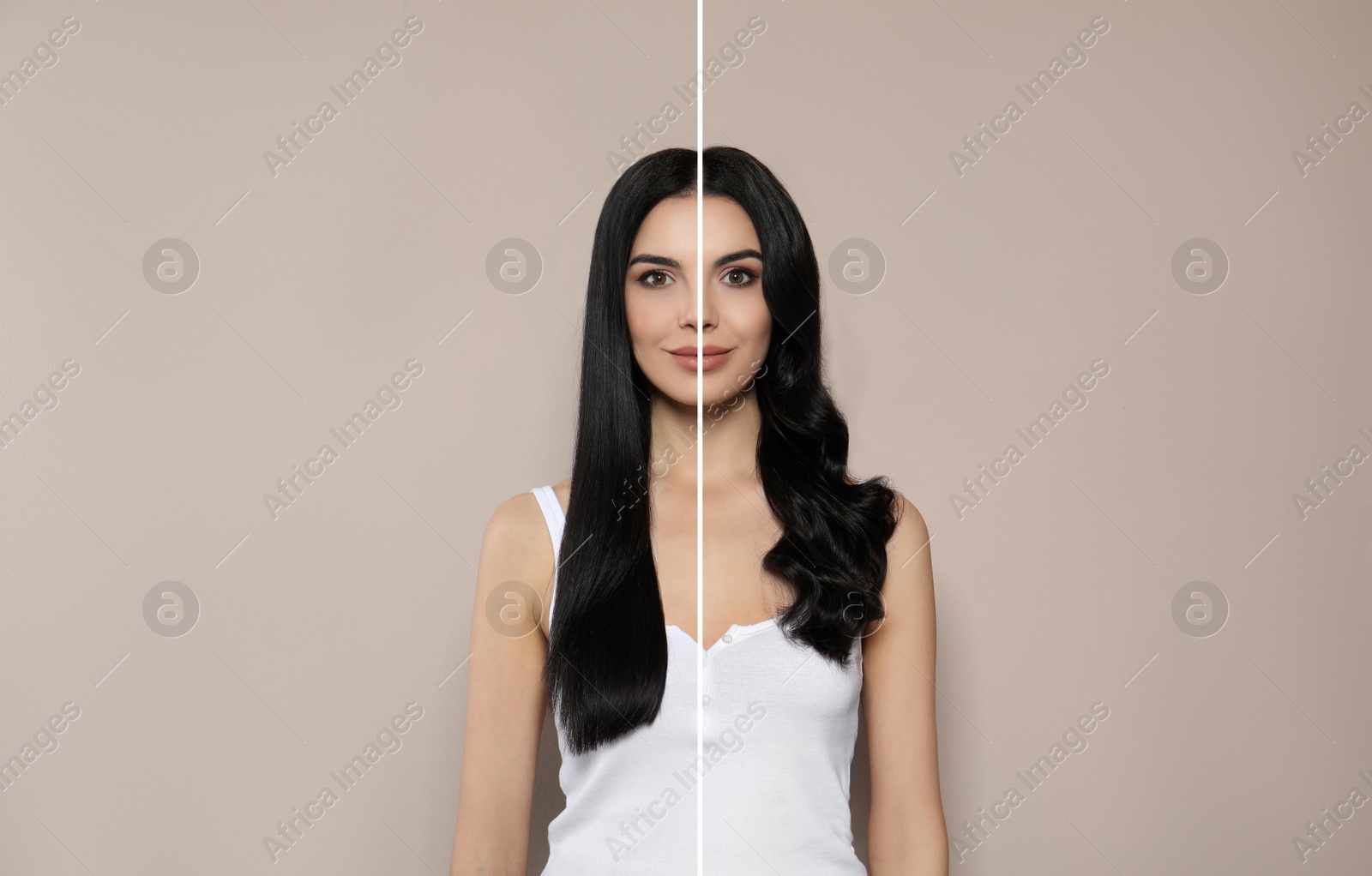 Image of Beautiful young woman with long hair before and after using curlers on beige background, collage