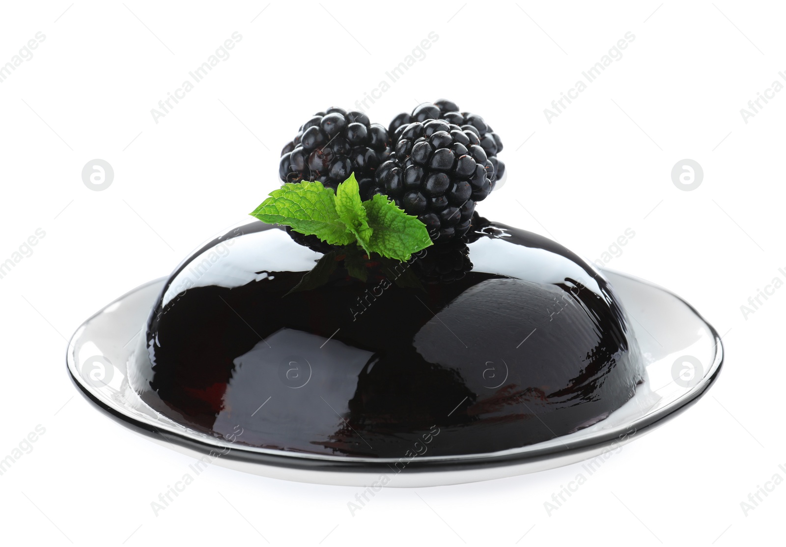 Photo of Delicious jelly with blackberries and mint on white background