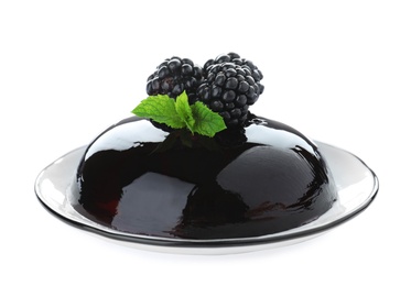 Photo of Delicious jelly with blackberries and mint on white background