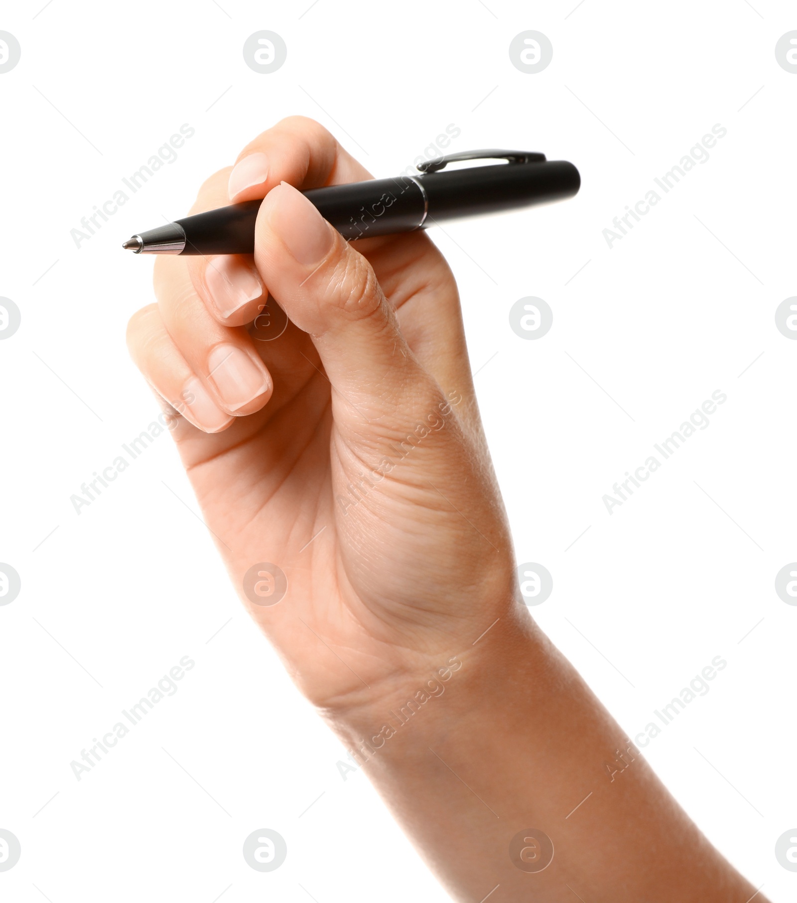 Photo of Young woman holding pen on white background, closeup