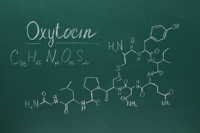 Photo of Chemical formulas written with chalk on green board