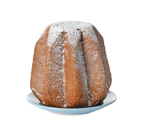 Photo of Delicious Pandoro cake decorated with powdered sugar isolated on white. Traditional Italian pastry