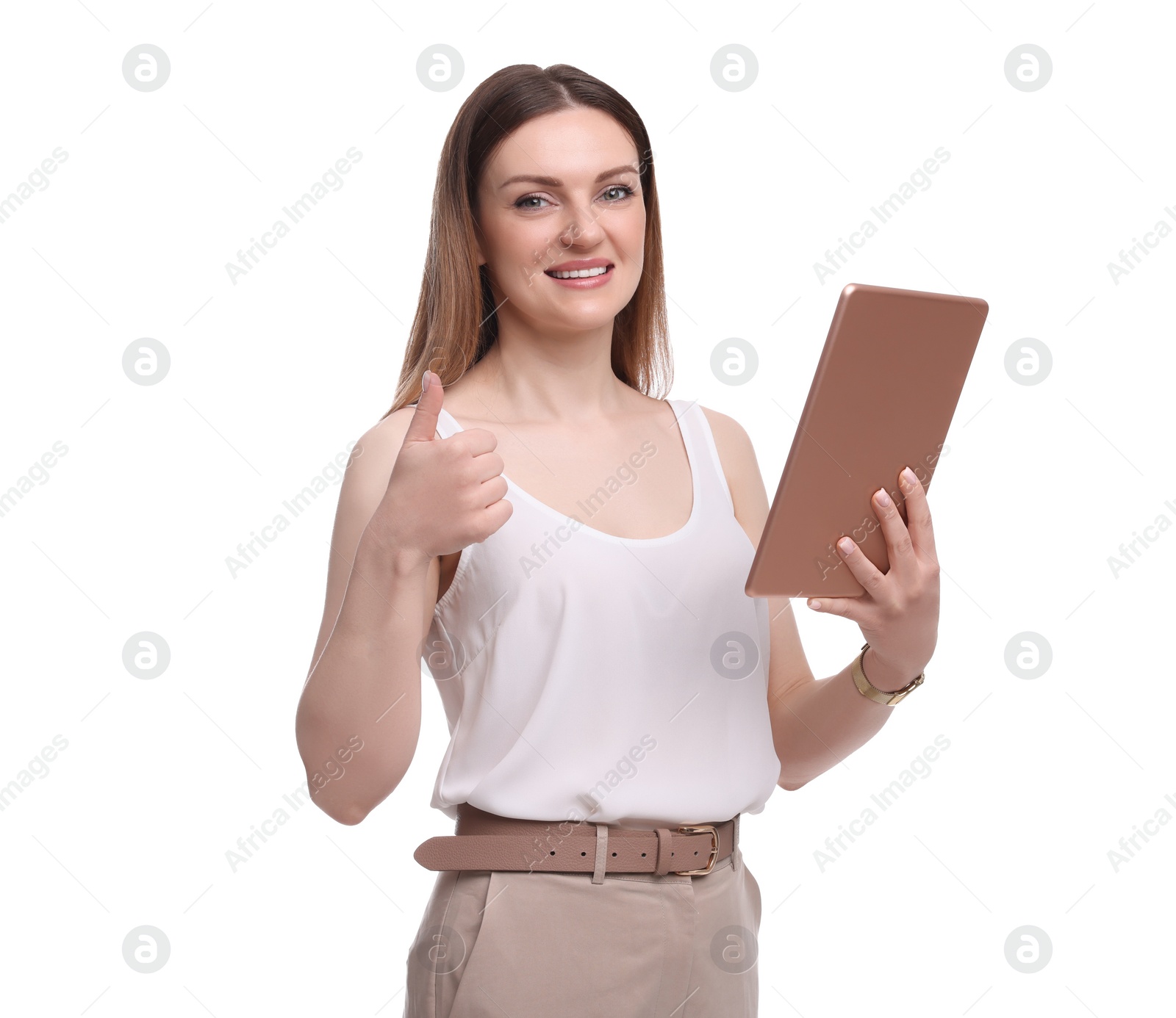 Photo of Beautiful happy businesswoman with tablet on white background