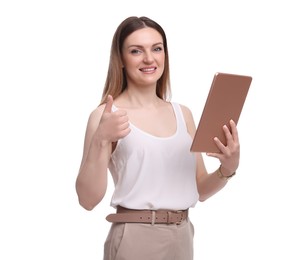 Beautiful happy businesswoman with tablet on white background