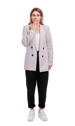 Beautiful emotional businesswoman posing on white background