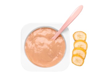 Photo of Container with healthy baby food, spoon and banana isolated on white, top view