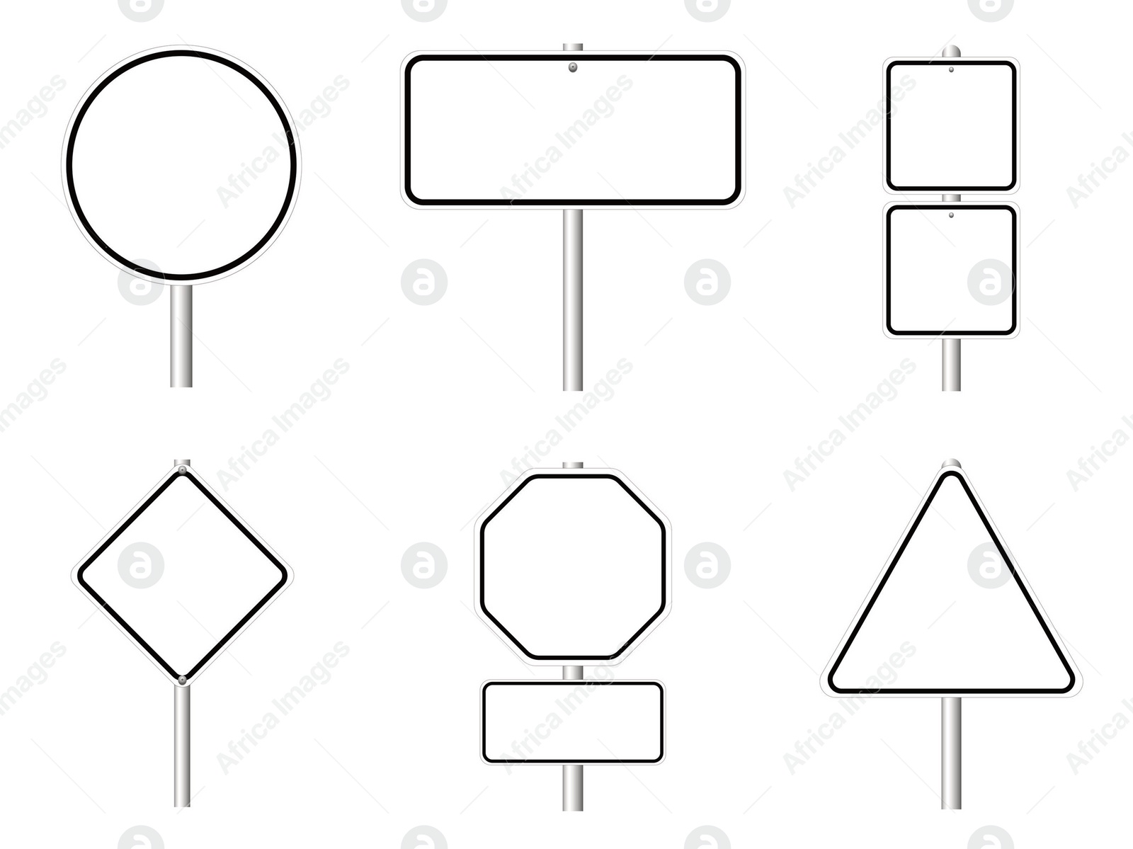 Image of Different blank road signs on white background, collage design