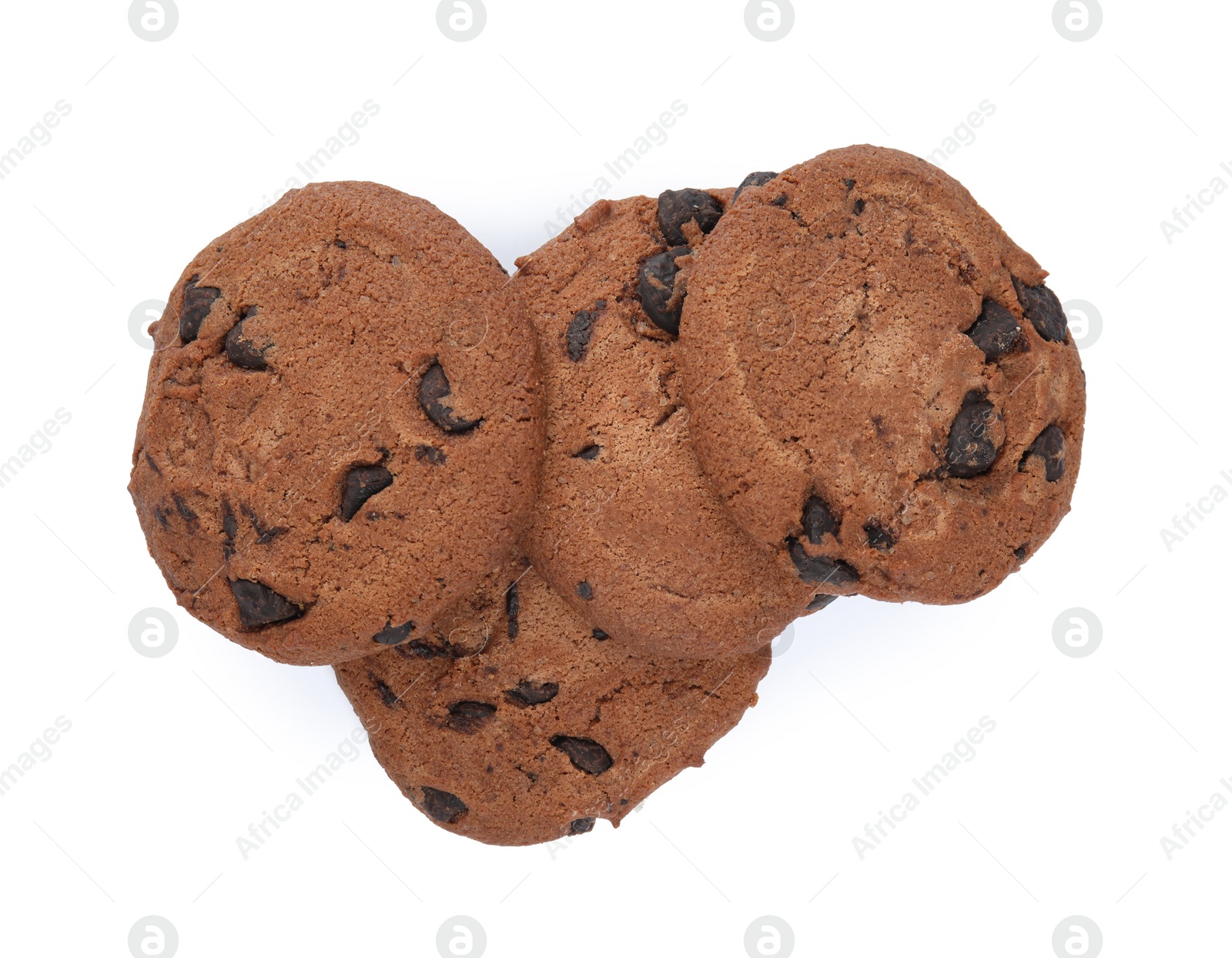 Photo of Delicious chocolate chip cookies on white background, top view