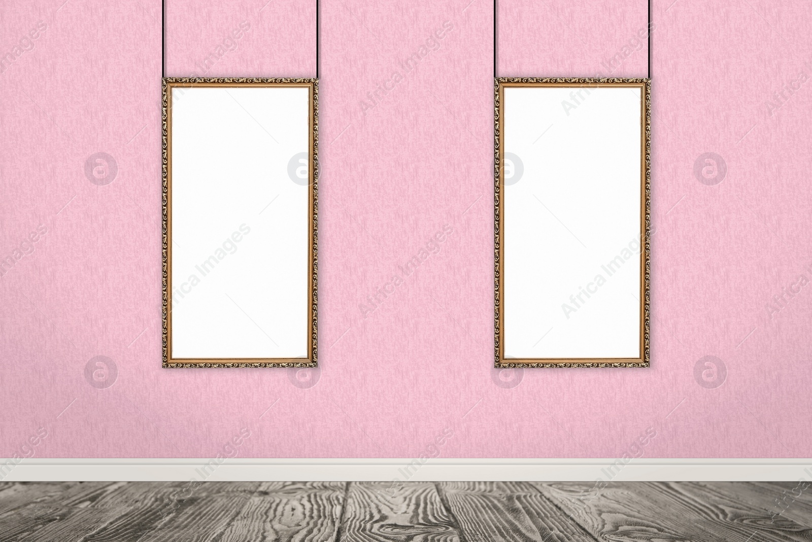 Image of Frames with empty canvases on wall in modern art gallery. Space for design