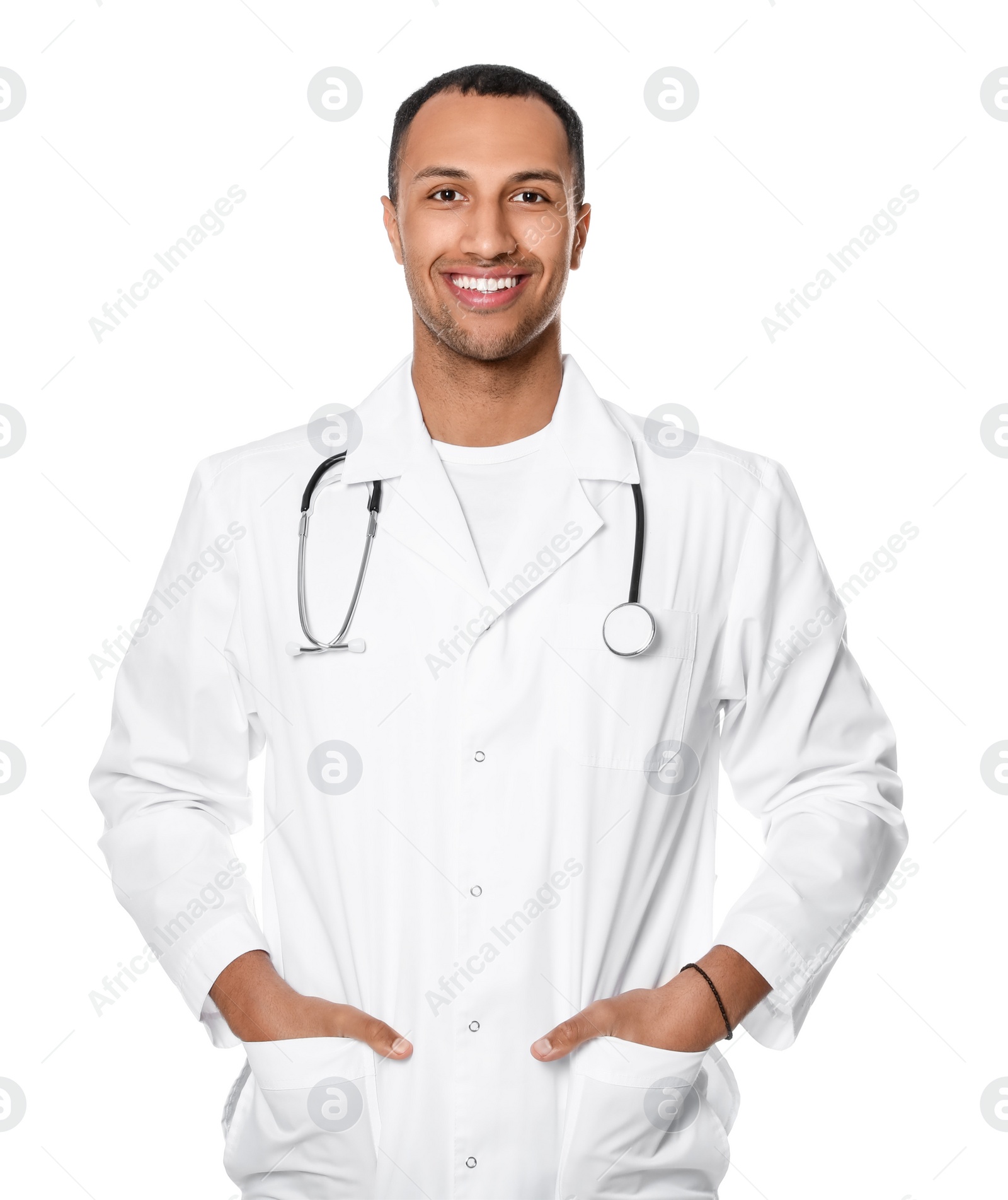 Photo of Doctor or medical assistant (male nurse) in uniform with stethoscope on white background