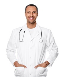 Doctor or medical assistant (male nurse) in uniform with stethoscope on white background