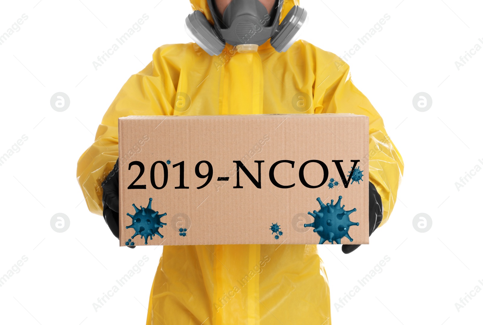 Image of Man wearing chemical protective suit with cardboard box on white background, closeup. Coronavirus outbreak