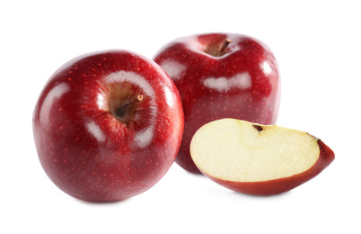 Image of Cut and whole red apples on white background