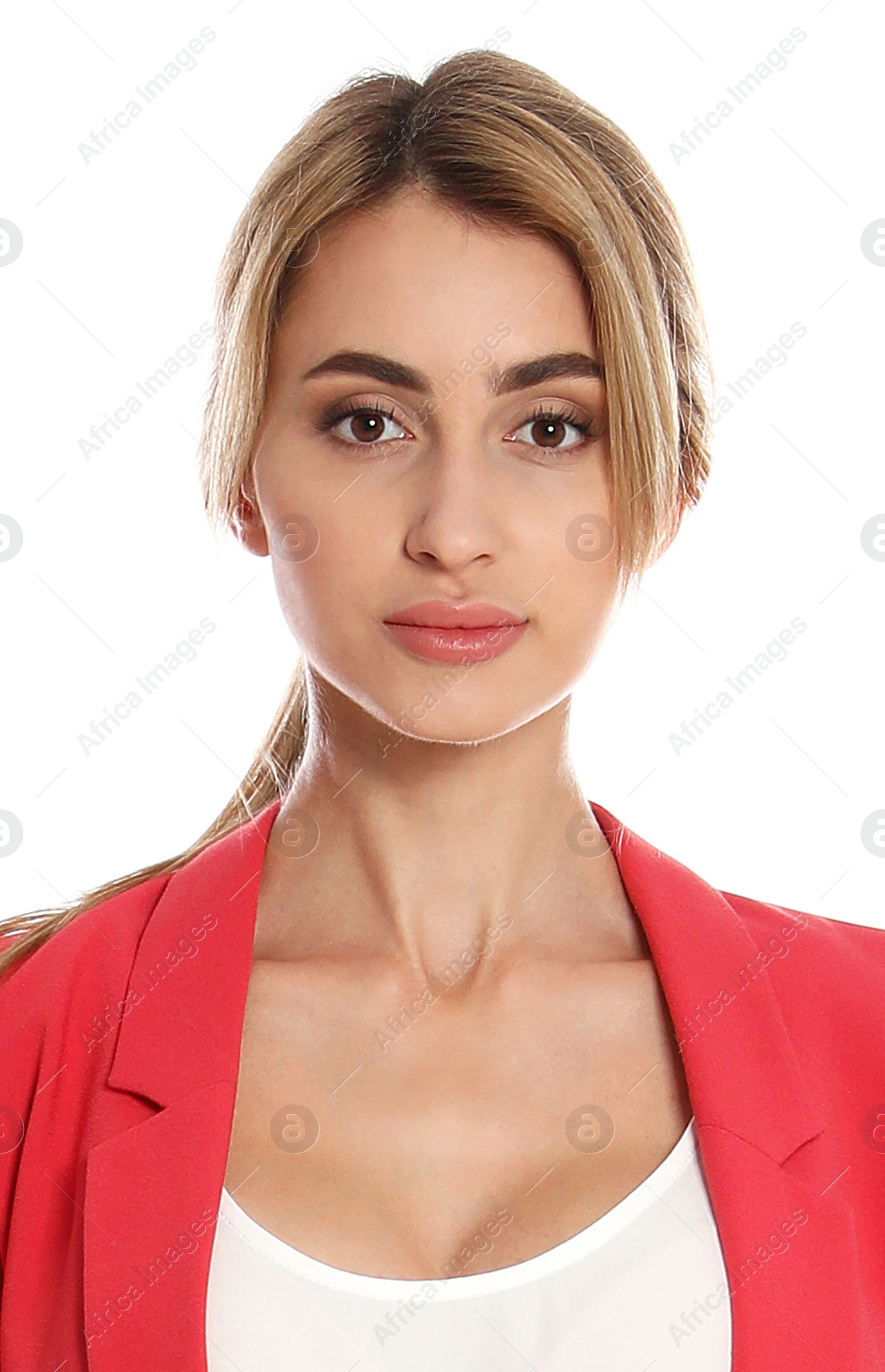 Image of Passport photo. Portrait of woman on white background