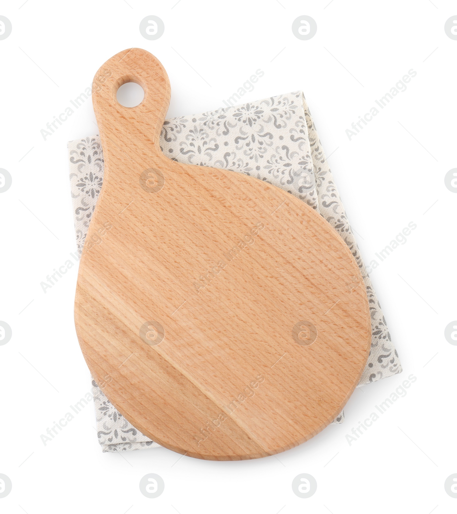 Photo of Wooden cutting board and napkin isolated on white, top view