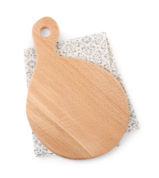 Photo of Wooden cutting board and napkin isolated on white, top view