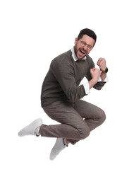 Photo of Handsome bearded businessman jumping on white background