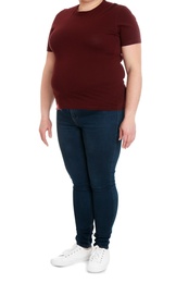Photo of Overweight woman on white background, closeup. Weight loss