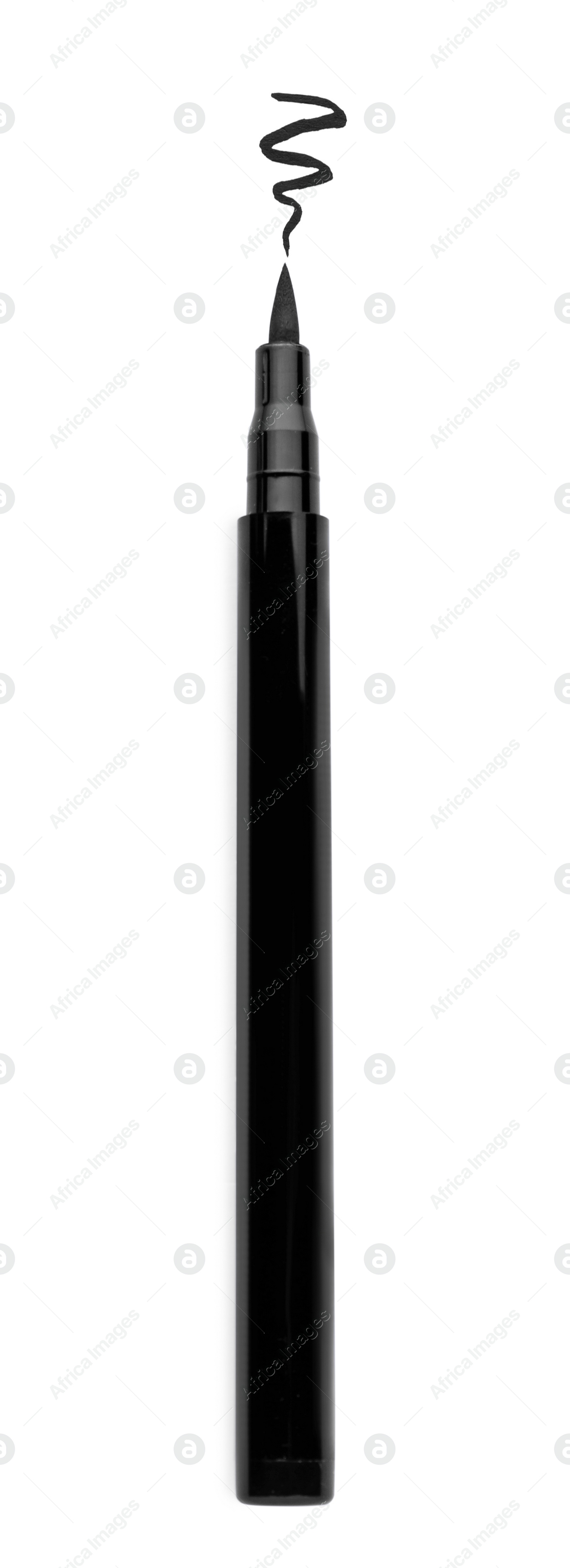 Photo of Black eyeliner and stroke on white background, top view. Makeup product