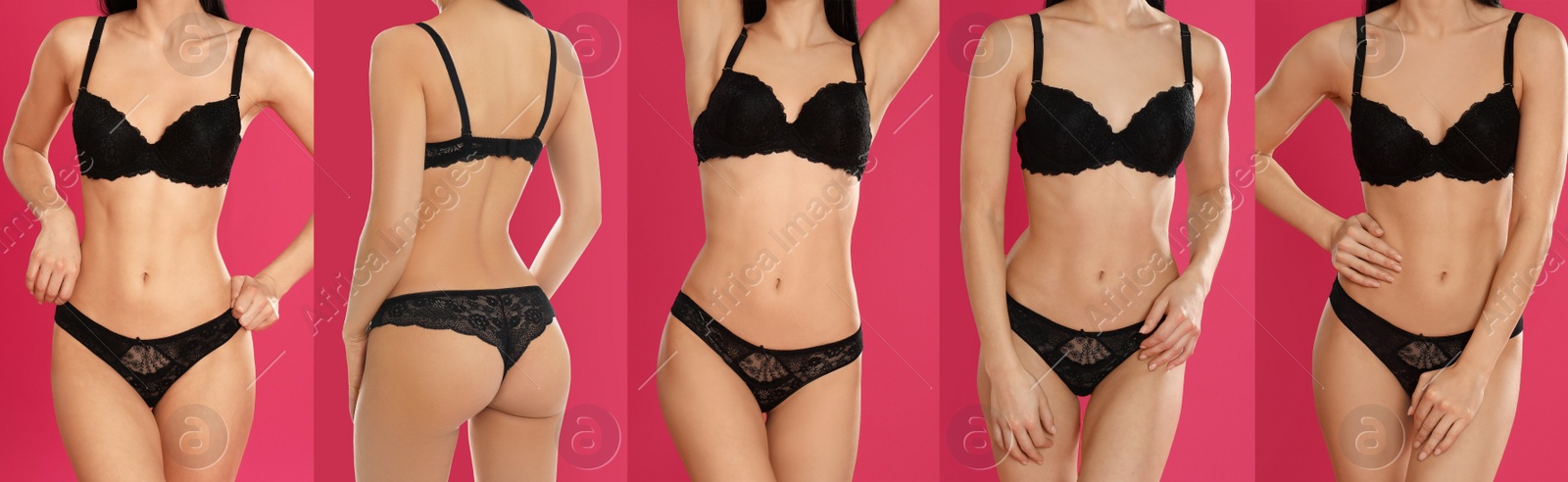 Image of Collage of young woman in black underwear on pink background, closeup